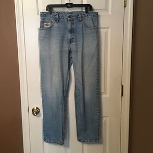 Diamond Gusset Mens 36x30 Straight Leg Jeans Blue Zip Fly Light Wash.